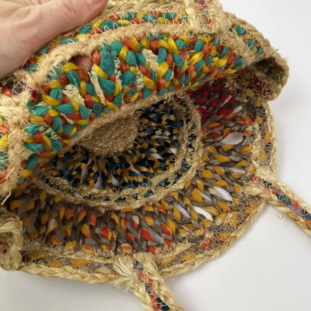 Boho Colorful Recycled Woven Jute Bag Circle Shaped Shoulder Tote Beach Bag